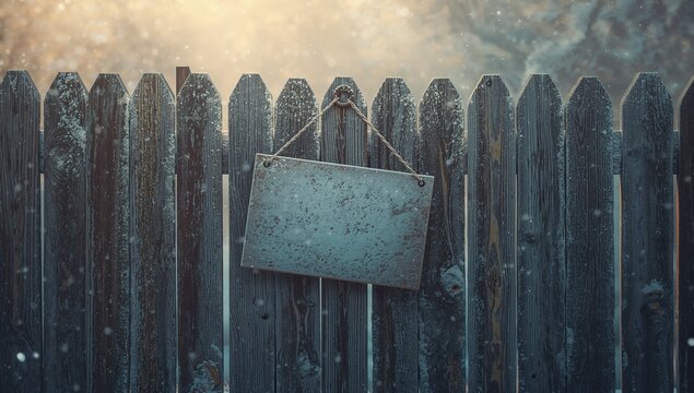 Hanging metal sign on picket fence in backyard during morning light, with rope hook and snowflakes - Powered by Adobe