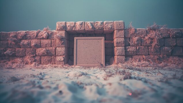 Displaying blank square slab resting in stone wall niche in deserted ruin, with dried grass tufts - Powered by Adobe