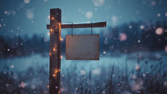 Featuring wooden post suspending blank board from chains in snowy field at dusk, with string lights