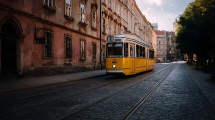A vintage yellow tram moves along cobblestone tracks past historic buildings on a European city street