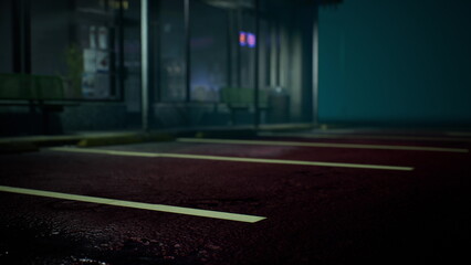 Quiet parking lot under dim streetlights creates an atmospheric scene at night. Subtle reflections on the wet pavement enhance the calm, mysterious vibe of the location.
