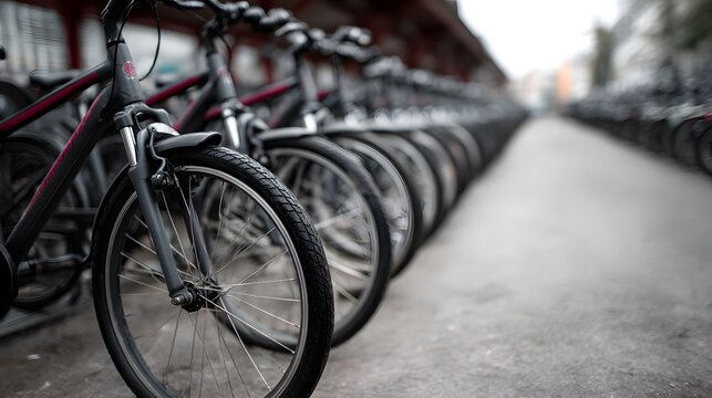 A long perspective line of dark bicycles parked in an organized row on concrete ground in an urban outdoor environment