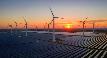 Aerial view of wind turbines and solar panels at sunset creating clean energy © Sojib