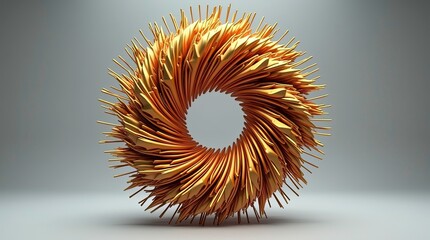 abstract geometrical sphere sculpture complex torus like structure made of sharp gold metallic fins 3d render