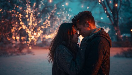 Couple wearing winter coats touching foreheads in snowy park at twilight, with golden lights