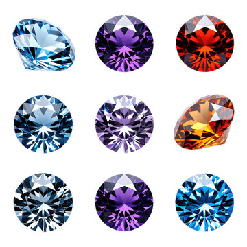 Nine Faceted Gemstones in Blue Purple and Red