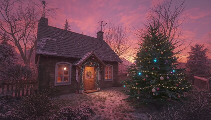 Glowing multi-paned windows illuminating stone cottage with shingled roof, wreath and lit tree