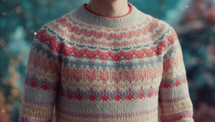 Displaying adult torso wearing knitted Fair Isle sweater in room, with festive bokeh lights