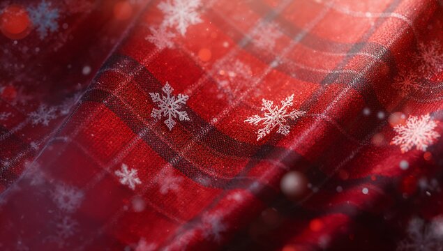 Draping red tartan plaid fabric shimmering in studio setup, with white snowflake motifs