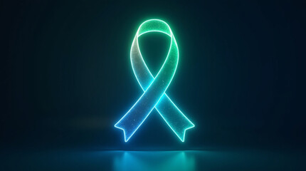 Glowing neon awareness ribbon on dark background, symbolizing support for various causes, such as cancer, hivaids, and other health issues, promoting solidarity and hope for a cure and prevention