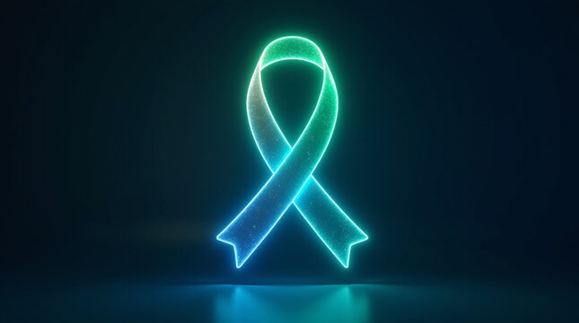 Glowing neon awareness ribbon on dark background, symbolizing support for various causes, such as cancer, hivaids, and other health issues, promoting solidarity and hope for a cure and prevention