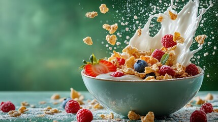 Corn flakes with milk splashes in bowl isolated on green background.
