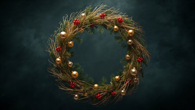 Floating wreath displaying pine branches, golden twigs, red berries and gold baubles in dark studio