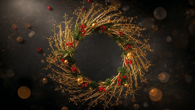 Floating wreath glowing in studio, with golden twigs, red berry clusters, foliage, gold baubles