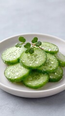 Macro Close Up Photo of Fresh Cucumber Slices with Water Droplets on a White Plate with a Light Gray Textured Background and a Small Green Garnish Illuminated by Soft Studio Lighting