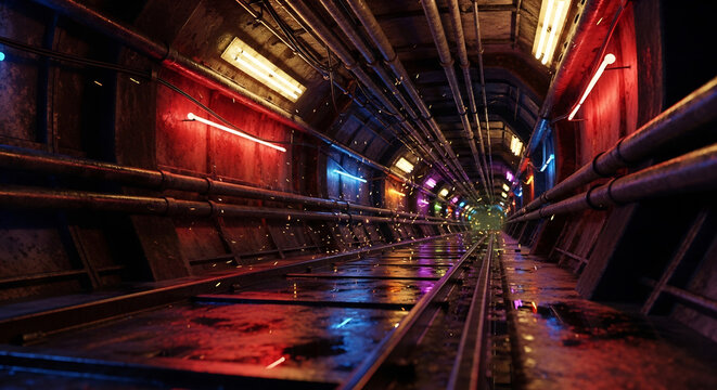 Cyberpunk tunnel with neon lights, dark industrial scene. Perfect for science fiction, futuristic concepts, digital art, gaming, and tech backgrounds, creating immersive visuals.