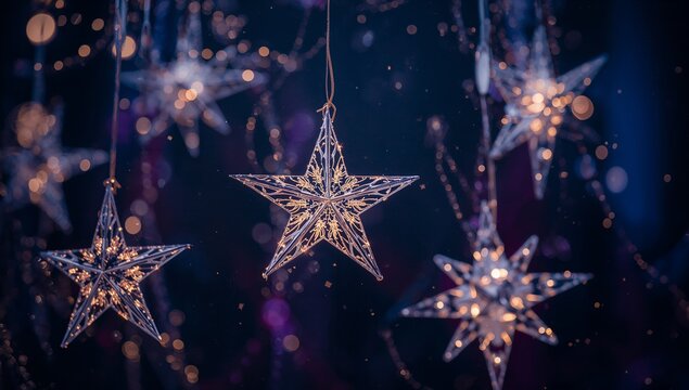 Hanging filigree-patterned star ornament glowing in dark room, with warm-lit stars and bokeh orbs