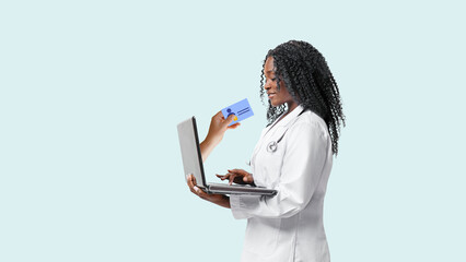 Portrait of confident young medical woman doctor with laptop on white background