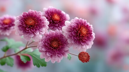 Obraz premium Macro Photo Of Clustered Purple Chrysanthemum Blossoms With Water Droplets Delicate Petals Soft Bokeh Background Gentle Light