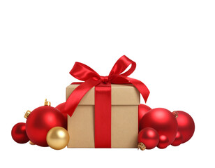 Christmas Gift Box with Red and Gold Baubles on Festive Bokeh Background, Isolated