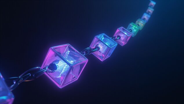Forming glowing translucent cubes with padlock icons linked by metallic chain links in digital void - Powered by Adobe