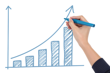 Hand with a blue marker drawing a rising arrow graph, symbolizing growth. Isolated on transparent background, png