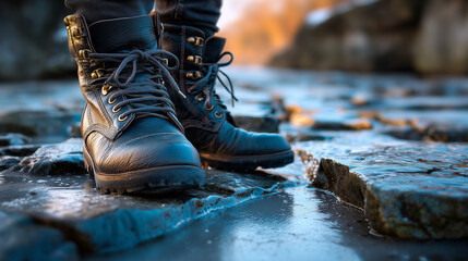 Stylish boots on a patterned stone surface as the ice begins to melt into water.