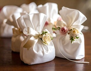 Close-up of several white satin gift bags, decorated with ribbons and roses