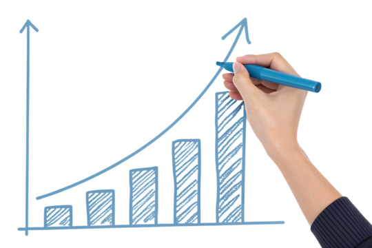Hand with a blue marker drawing a rising arrow graph, symbolizing growth. Isolated on transparent background, png
