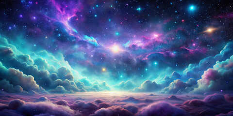 The picture showcases a stunning cosmic scene filled with swirling clouds and countless stars. Vivid colors illuminate the night sky, creating a magical atmosphere that feels dreamlike and enchanting