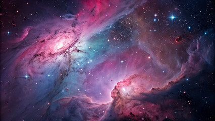 A stunning display of cosmic colors fills the dark sky, featuring bright stars and swirling nebulae. This breathtaking view highlights the beauty of the universe, capturing its vastness and mystery