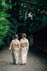 Two Women in Kimono Walking Together at a Peaceful Shinto Shrine Path in Tokyo