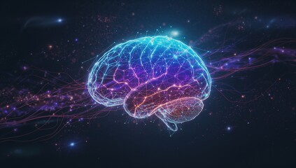 Floating neon brain wireframe showing neural links against cosmic backdrop, with glowing filaments