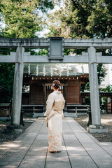 Woman Wearing Kimono Standing in Front of a Shinto Shrine Torii Gate in Tokyo, Japan