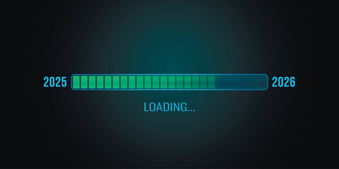 Progress bar visually representing the transition from 2025 to 2026. Progress Indicator progress bar against a dark background