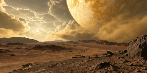 A stunning sunset casts warm light over a rocky terrain. In the sky, a large planet dominates the view, surrounded by swirling clouds