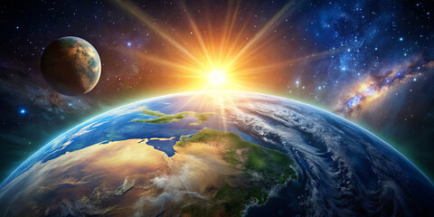 A breathtaking view shows Earth illuminated by a brilliant sunrise, surrounded by distant planets and galaxies, highlighting the beauty of the universe in a cosmic scene