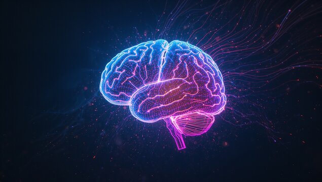 Floating holographic neon brain model pulsing circuitry in cosmic space, with glowing particles - Powered by Adobe