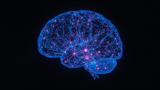 Displaying neon-blue wireframe human brain model floating in void, with bright pink neural nodes
