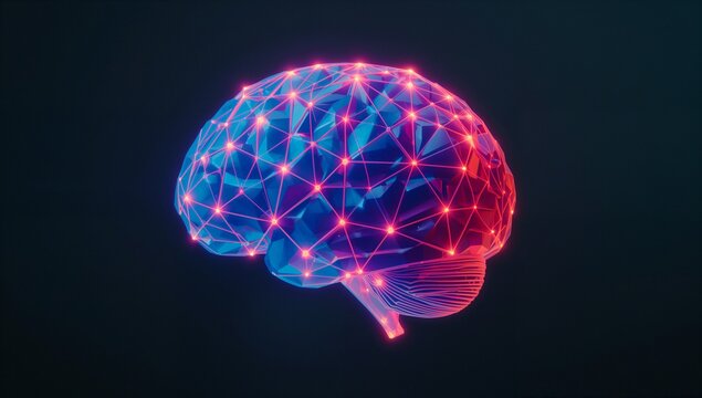 Floating neon brain model showing triangular mesh links at virtual studio, with glowing nodes