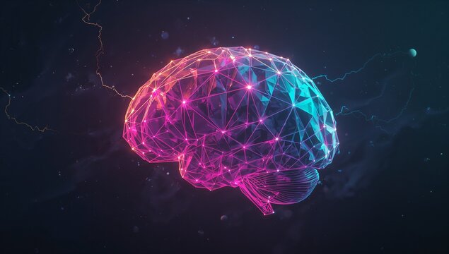 Floating neon mesh brain glowing with nodes and planets in space, with electric arc streaks