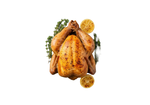 Golden-brown whole roasted chicken with thyme, roasted lemon, charcoal gray oval platter, isolated on transparent, bright studio light, perfect culinary presentation