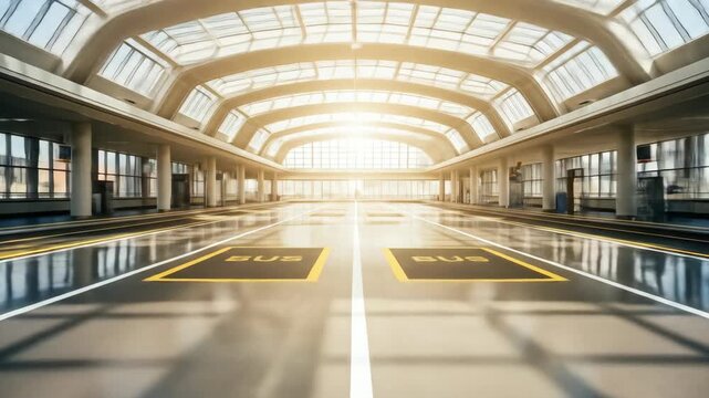 Large, light-filled bus terminal interior with marked lanes and arched ceiling, leading to distant sunlight