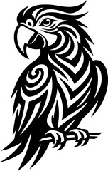 Obraz premium black and white stylized illustration of a parrot or macaw perched on a branch, detailed with intricate, flowing tribal-like patterns across its body and feathers.