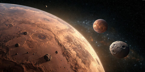 The scene shows Mars surrounded by its moons and distant celestial objects in a star-filled universe. It captures the beauty and wonder of outer space
