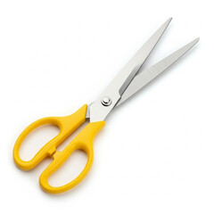 Yellowhandled scissors with silver blades on a white background.