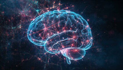 Floating neon turquoise brain showing glowing red network nodes and branching lines in dark space