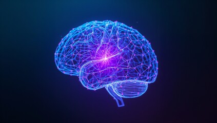 Glowing neon wireframe brain model floating on dark gradient backdrop, with neural nodes and lines
