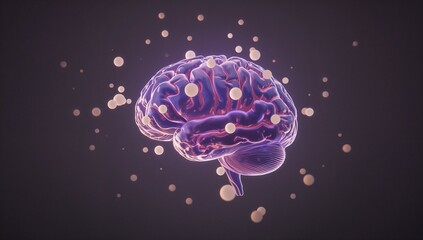 Floating purple pink 3D brain model rotating in digital void, surrounded by floating spheres