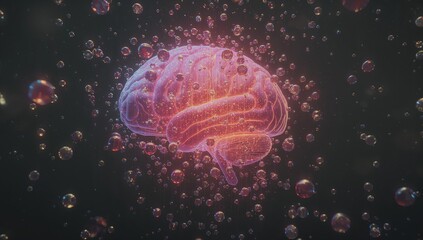 Floating neon-lit brain model displaying grid overlay in dark virtual space, with glowing bubbles
